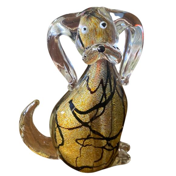 RARE 8” GCA Art Glass Murano Style Dog Puppy Sculpture Layered Gold & Black - Picture 15 of 16